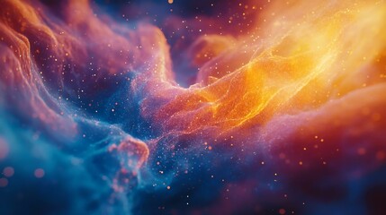 Abstract cosmic background with luminous patterns in shades of blue and orange, creating a mystical atmosphere filled with stardust and energy.