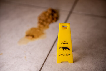 A yellow caution sign warns of cat vomit on a tiled floor. The blurred mess in the background...