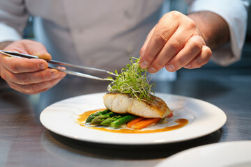 Chef preparing gourmet dish with fish and vegetables in kitchen