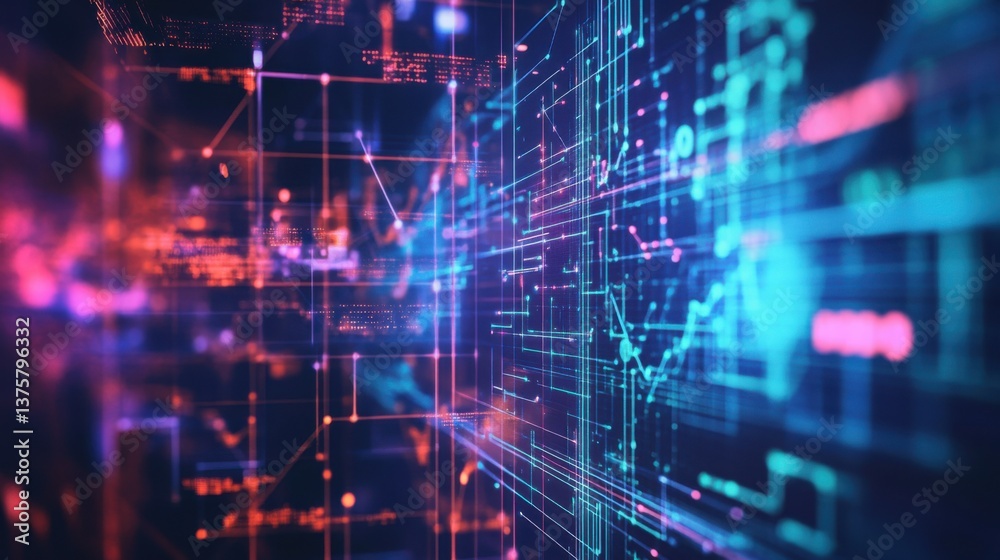 Poster a vibrant digital landscape showcasing intricate data patterns and glowing lines, representing advan