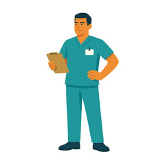 Vector illustration of male and female nurses in scrubs holding clipboard – perfect for healthcare, hospital, and medical profession themes