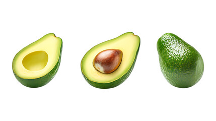 Avocado Cut in Half Set of Three Different Poses on Transparent Background for Healthy Eating, Food Branding, or Superfood Marketing