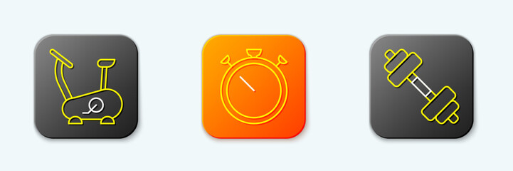 Set line Stationary bicycle, Stopwatch and Dumbbell icon. Vector