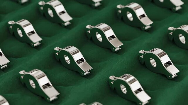 An isometric pattern of metal silver whistles on a deep forest green background. A 3d design.