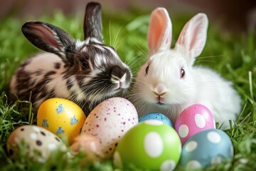Adorable Easter Scene: Two Bunnies Among Colorful Decorated Eggs in Green Grass