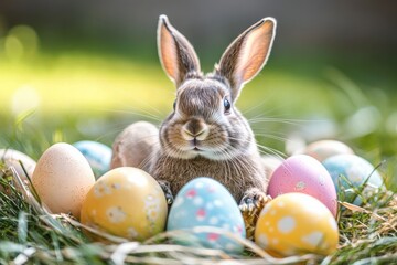 Adorable bunny rabbit nestled among colorful Easter eggs in lush green grass, bathed in soft sunlight, creating a festive springtime scene