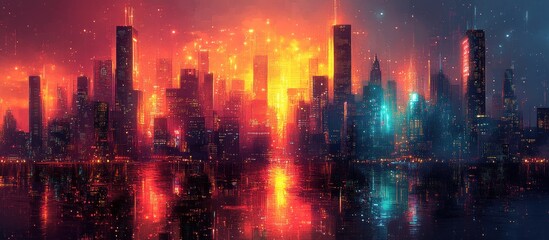 Naklejka premium Futuristic City Skyline with Fiery Fireworks Display