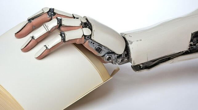 Robotic Hand Turning a Book Page Close up of a Detailed Artificial Limb Interacting with Antique Book - Powered by Adobe