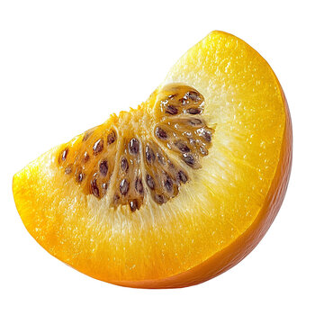 Extreme front view of a perfectly beautiful hyperrealistic single raw aprium fruit slice isolated on a white transparent background