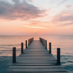 Fototapeta premium A peaceful wooden pier extending into a vast ocean