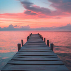 Fototapeta premium A peaceful wooden pier extending into a vast ocean
