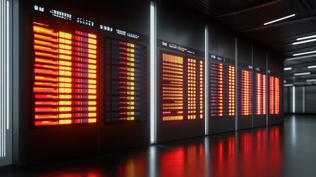 Futuristic Server Room with Glowing Red Data Displays
