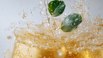 a refreshing beverage being splashed with leaves. This photo has a high-speed water splash with green leaves 