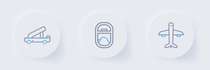 Set line Plane, Airplane window and Passenger ladder icon. Vector