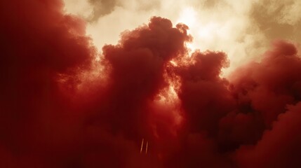 Fototapeta premium Red smoke plume, rocket launch, daytime sky, dramatic background, science fiction imagery