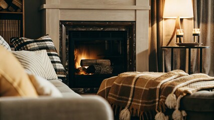 Fototapeta premium Cozy Living Room with Fireplace and Soft Blankets – Warm and Inviting Atmosphere - 43