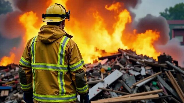 Firefighter monitoring large blaze at debris site with intense flames rising