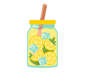 Lemonade. Fresh juicy lemon drink in glass jar, straw, yellow juice, ice cube, mint leaf. Tropic summer cocktail. Hand drawn vector illustration isolated on white background