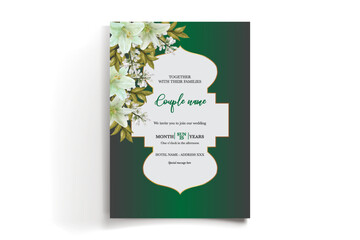 WEDDING INVITATION FRAME WITH FLOWER DECORATIONS AND FRESH LEAVES