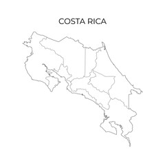 A clean black and white vector map outline of Costa Rica, featuring its internal provincial divisions and country borders