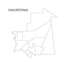 A clean black and white vector map outline of Mauritania showing its regions and internal administrative boundaries