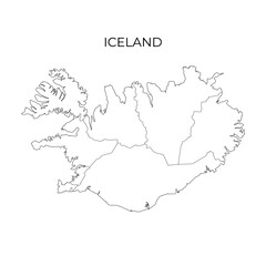 A clean black and white vector map outline of Iceland, showing its internal regional divisions and coastal borders