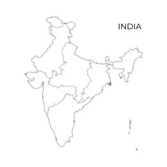A detailed black and white vector map outline of India, showing its states, union territories, and geographical borders