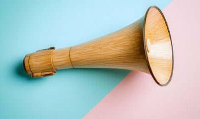 Obraz premium Wooden Megaphone on Pastel Pink and Blue Background