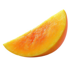 Extreme front view of a perfectly beautiful hyperrealistic single raw mango fruit slice isolated on a white transparent background