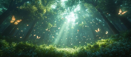 Obraz premium Sunlight filters through enchanted forest with butterflies