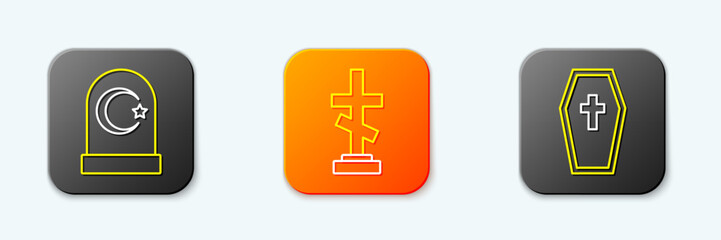 Set line Muslim cemetery, Grave with cross and Coffin icon. Vector
