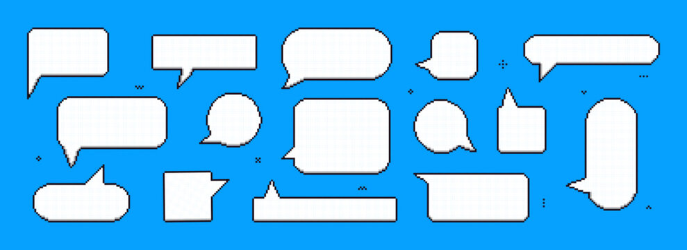 03_04Set of white pixel dialogue boxes. Speech bubble an 8-bit retro style on blue background for game art, marketing, memes, business, advertising, stickers, chat.