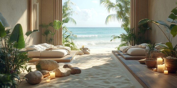 Serene beachside spa with sand pathways and tropical plants during a sunny day