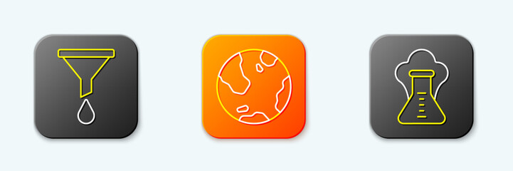 Set line Funnel or filter, Earth globe and Chemical explosion icon. Vector