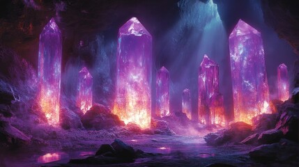 Crystal cave with glowing pillars; mystical fire illuminates the rocks
