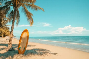 Surfboard and palm tree on beach with beach sign for surfing area. Travel adventure and water sport. relaxation and summer vacation concept. vintage color tone image.