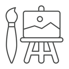 Easel with picture and paintbrush thin line icon, exhibition concept. Vector graphics. Wooden easel with painting and brush sign on white background, outline style icon for mobile or web design.