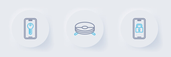 Set line Digital door lock, Robot vacuum cleaner and Smart key icon. Vector