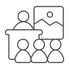 Lecturer with people and painting thin line icon, exhibition concept. Vector graphics. Guide man with visitors, audience sign on white background, outline style icon for mobile or web design.