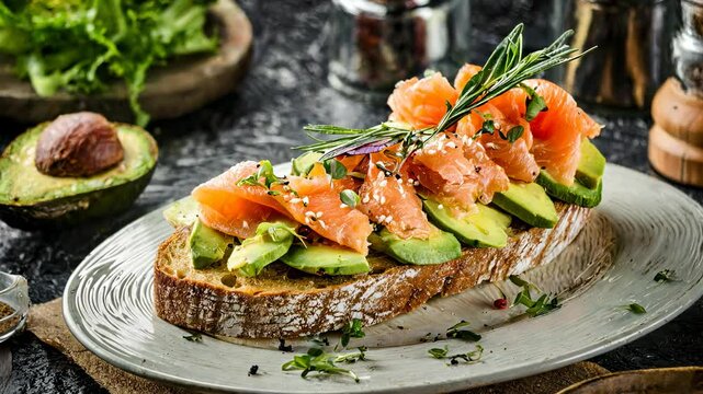 Smoked salmon topping creamy avocado on multigrain toast, sprinkled with fresh herbs and sesame.