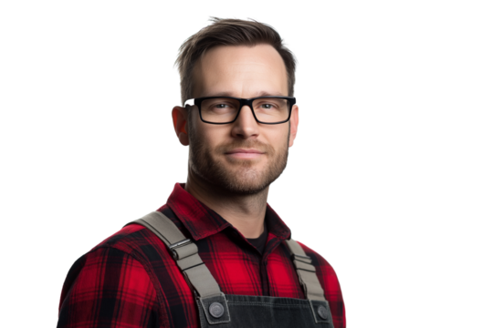 man in red plaid shirt and glasses isolated on transparent white background