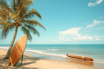 Fototapeta premium Surfboard and palm tree on beach with beach sign for surfing area. Travel adventure and water sport. relaxation and summer vacation concept. vintage color tone image.