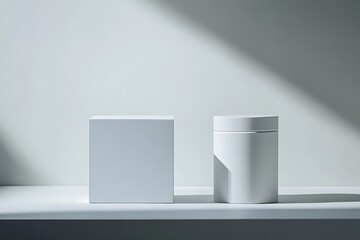 Minimalist Presentation White Box and Cylinder on a Platform with Light and Shadow