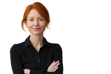 confident redhead woman in business outfit with arms crossed isolated on transparent white background