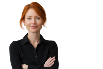 confident redhead woman in business outfit with arms crossed isolated on transparent white background