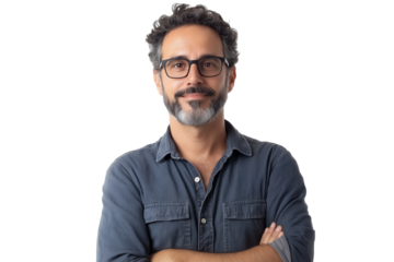 confident man wearing glasses smiles isolated on transparent white background