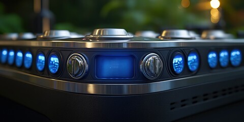 High-tech device with illuminated controls and blue lights in a modern environment during evening hours