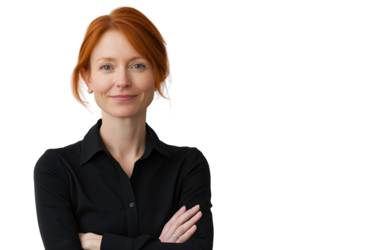 confident redhead woman in business outfit with arms crossed isolated on transparent white background