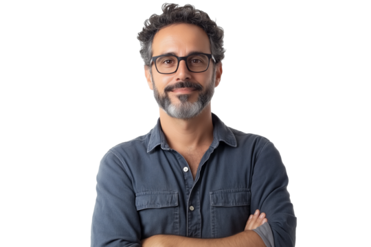confident man wearing glasses smiles isolated on transparent white background
