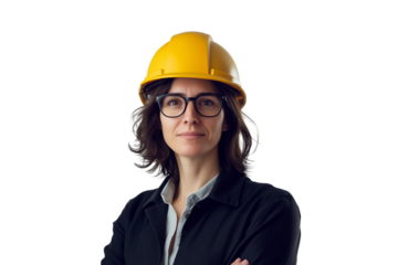  woman engineer wearing yellow hardhat and glasses isolated on transparent white background